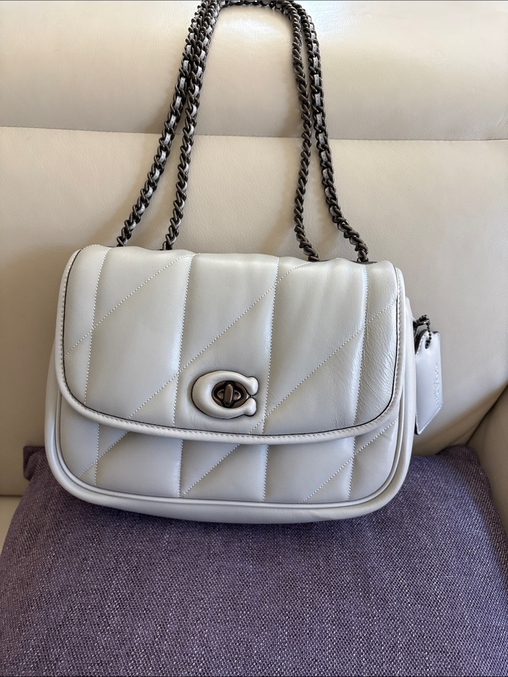 Coach Quilted Leather Shoulder Bag in Dove Grey with Gunmetal Chain